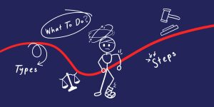 Injured figure illustration with legal symbols showing steps and types in a personal injury case.