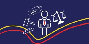 Illustration of a lawyer surrounded by icons like a gavel, justice scales, and a "Why?" bubble, representing reasons to hire a personal injury lawyer