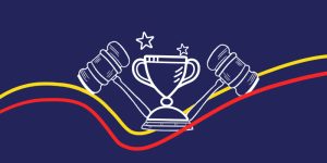 Illustration of a trophy surrounded by three judge gavels with stars above, symbolizing success in legal cases.
