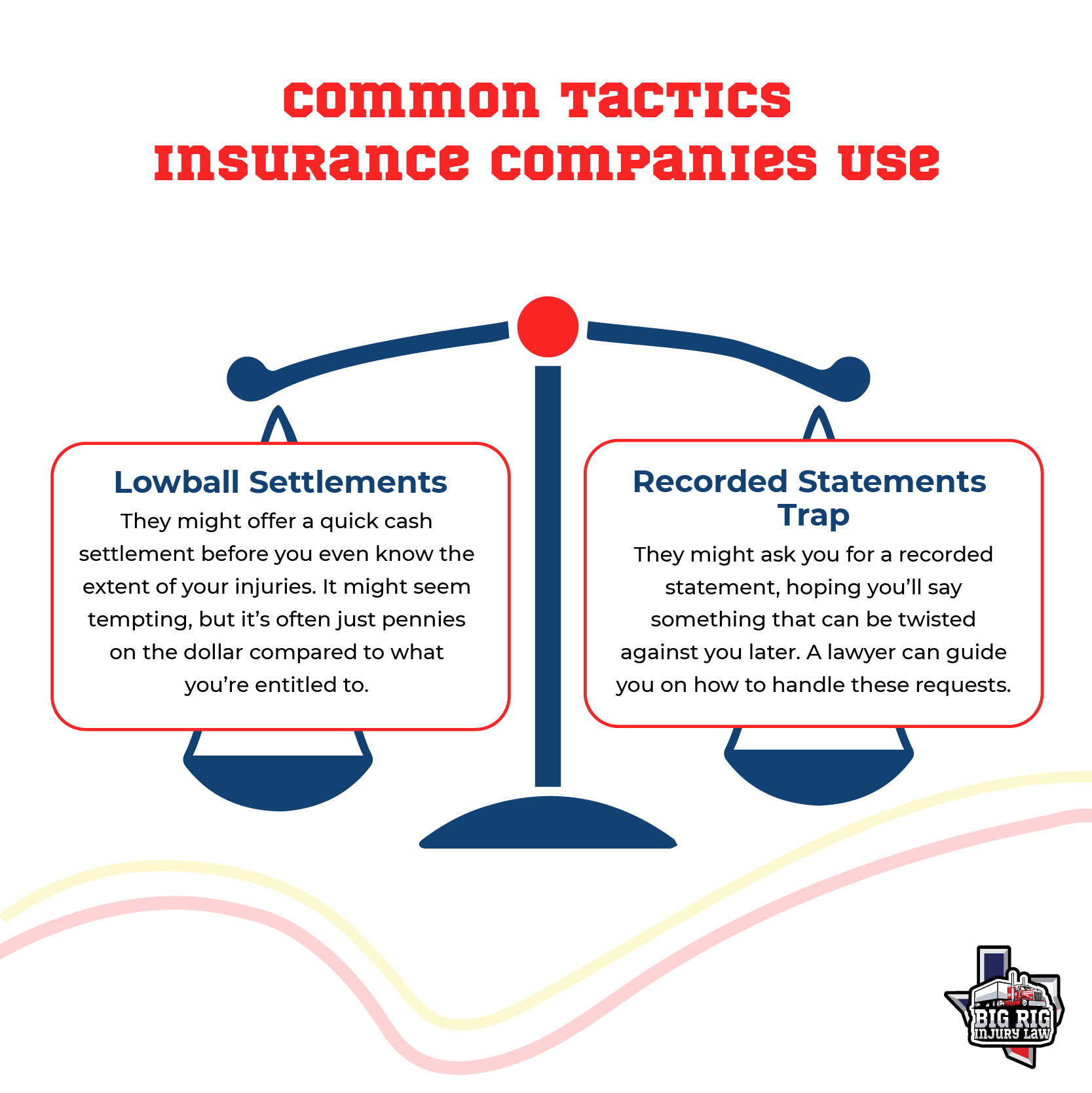 Graphic showing two common insurance tactics: lowball settlements and recorded statements trap, with a justice scale and the Big Rig Injury Law logo.