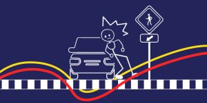 Illustration of a pedestrian being hit by a car at a crosswalk, with a warning sign above.