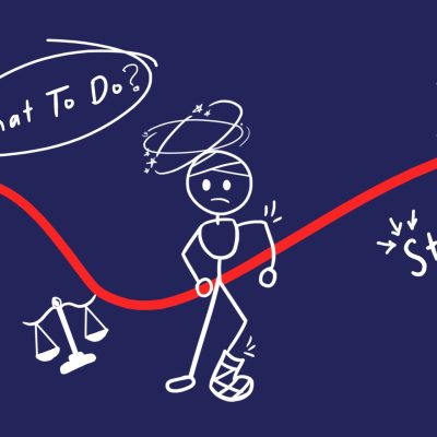 Injured figure illustration with legal symbols showing steps and types in a personal injury case.