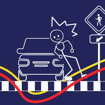 Illustration of a pedestrian being hit by a car at a crosswalk, with a warning sign above.