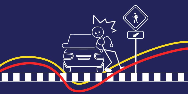 Illustration of a pedestrian being hit by a car at a crosswalk, with a warning sign above.