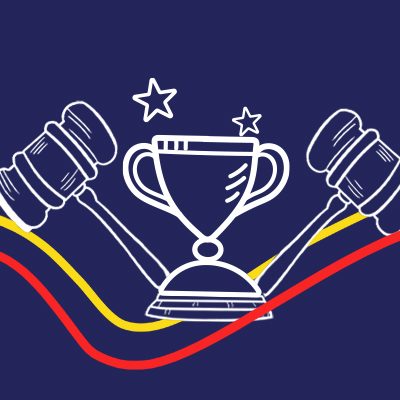 Illustration of a trophy surrounded by three judge gavels with stars above, symbolizing success in legal cases.